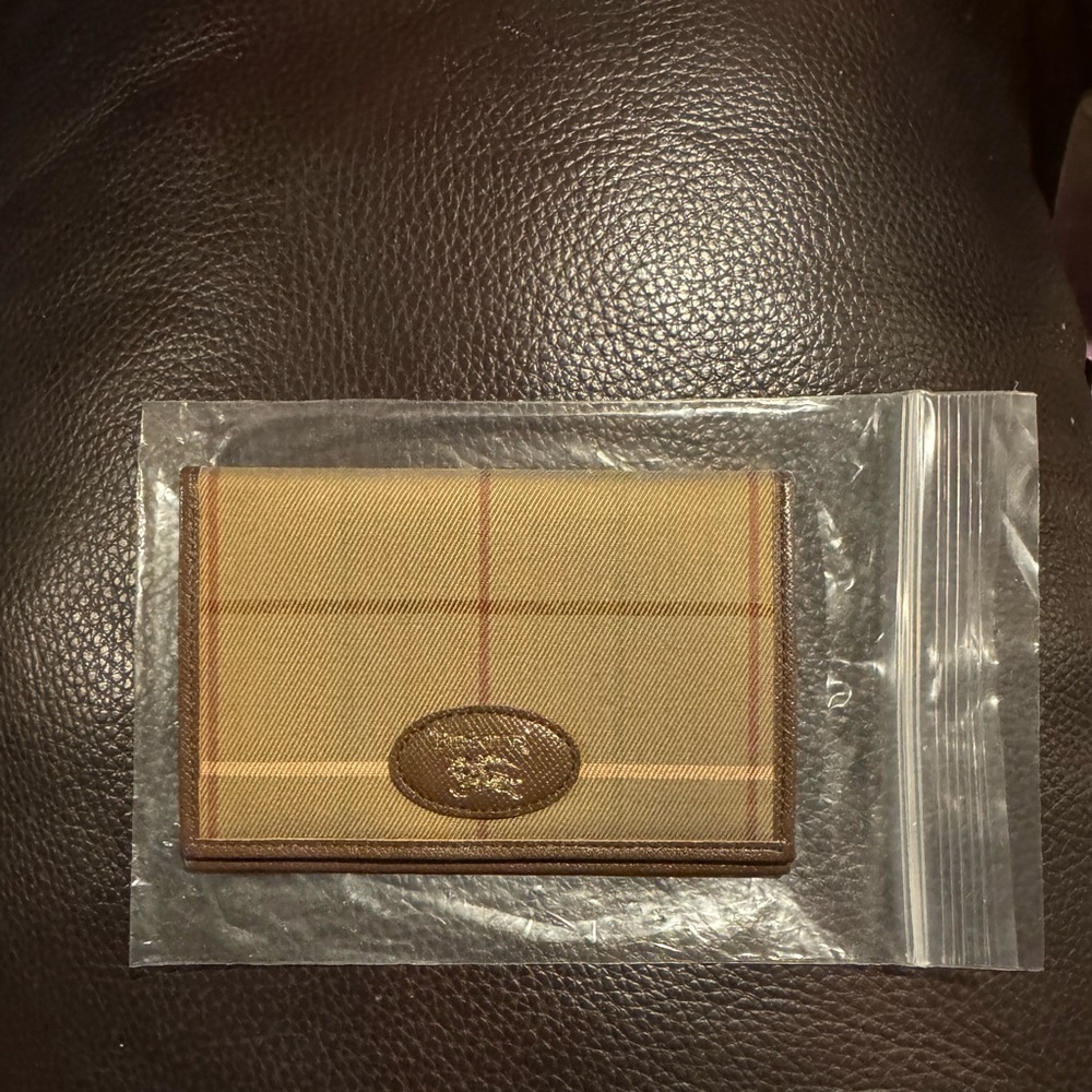 Burberry Tan and Brown Key Card Holder with Metallic Emblem GUC